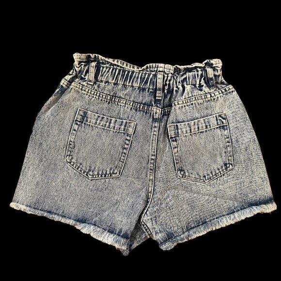 Women’s Blue Acid Wash High elastic Waist Raw Hem Paper Bag Denim Jean Shorts - Picture 2 of 6